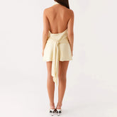 Yellow Choker Halter Cowl Neck Satin 3D Flower Mini Dress